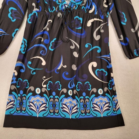 Y2K Rhapsody Blue Floral Low Cut V Neck Retro Lightweight Flowy Cinched A Line - Picture 4 of 10